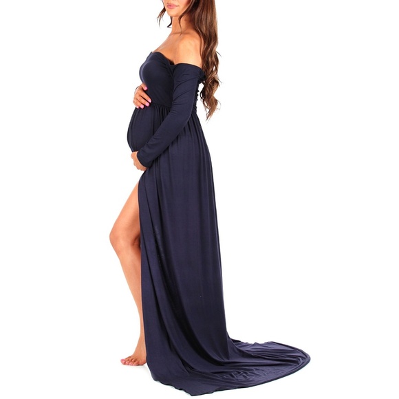 Off Shoulder Ruched Maternity Dress Photoshoot - Picture 3 of 5